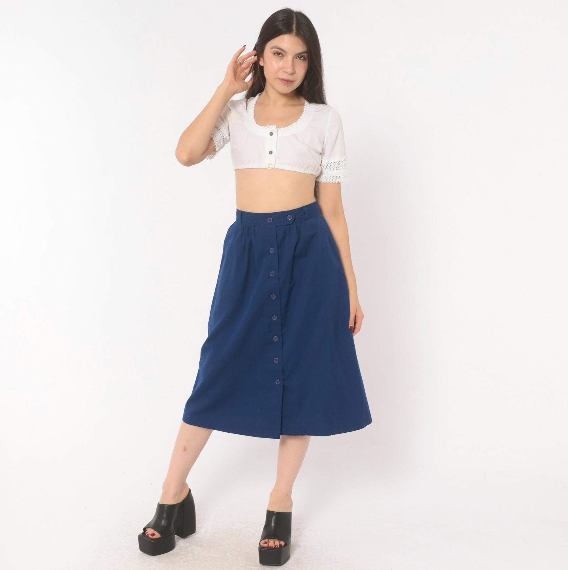 80s Navy Button Front A-Line Skirt Cotton Knee Length Medium M