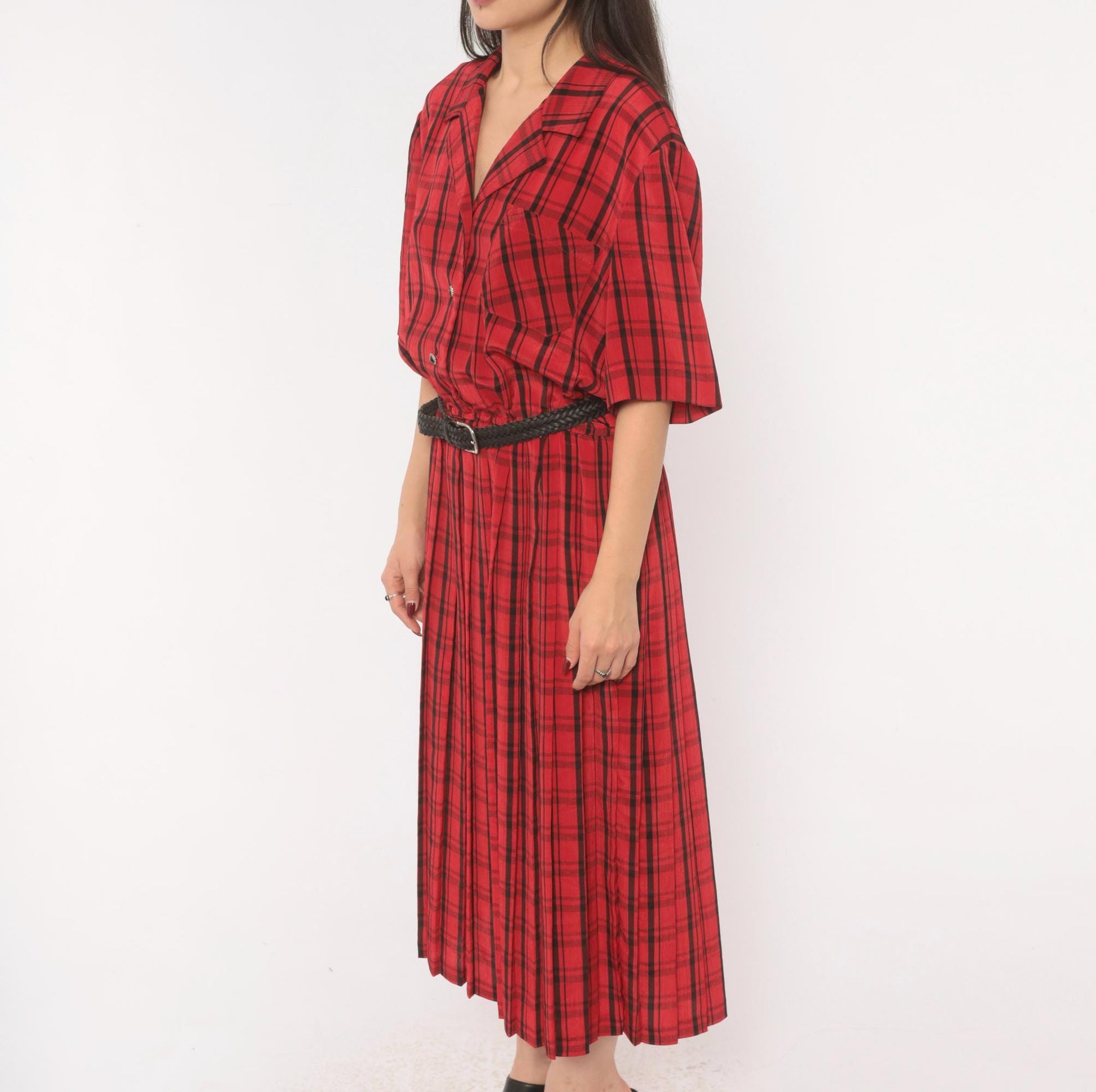 80s Leslie Fay Plaid Shirtdress Red Black Tartan Midi Pleated Medium Large