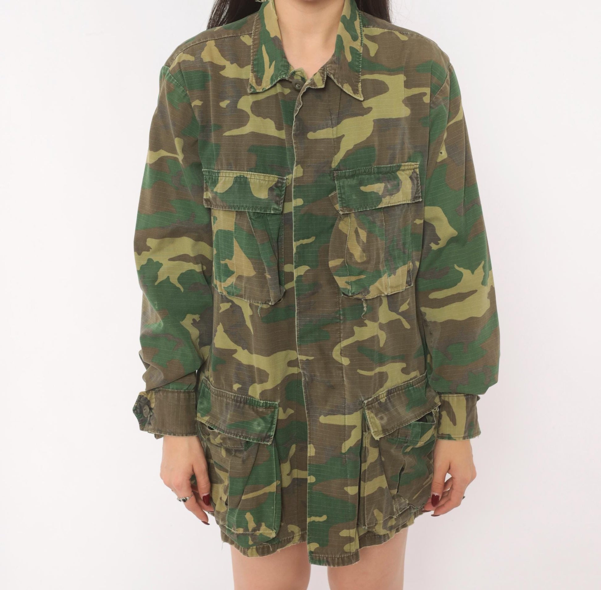 90s Woodland Camouflage Field Jacket Cotton Button Front Medium