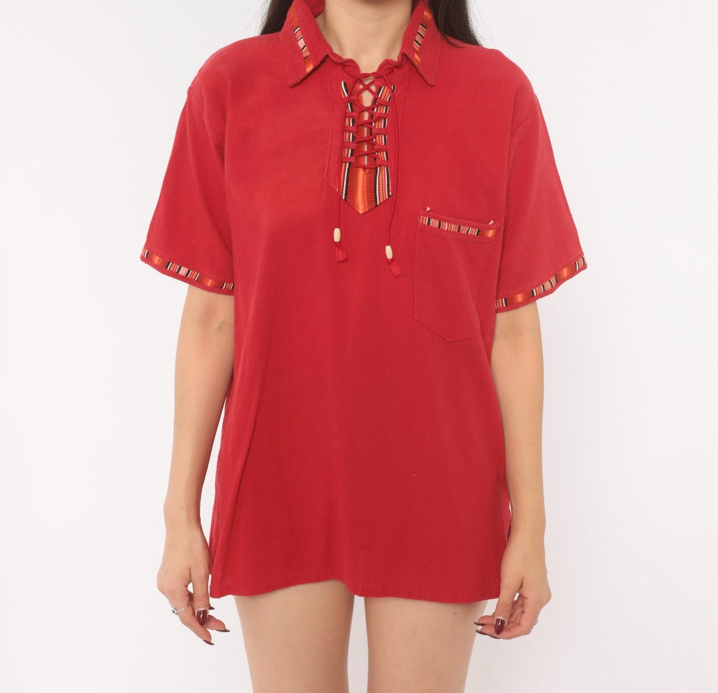 90s Red Cotton Lace-Up Tunic Shirt Southwestern Woven Trim Tassels Medium