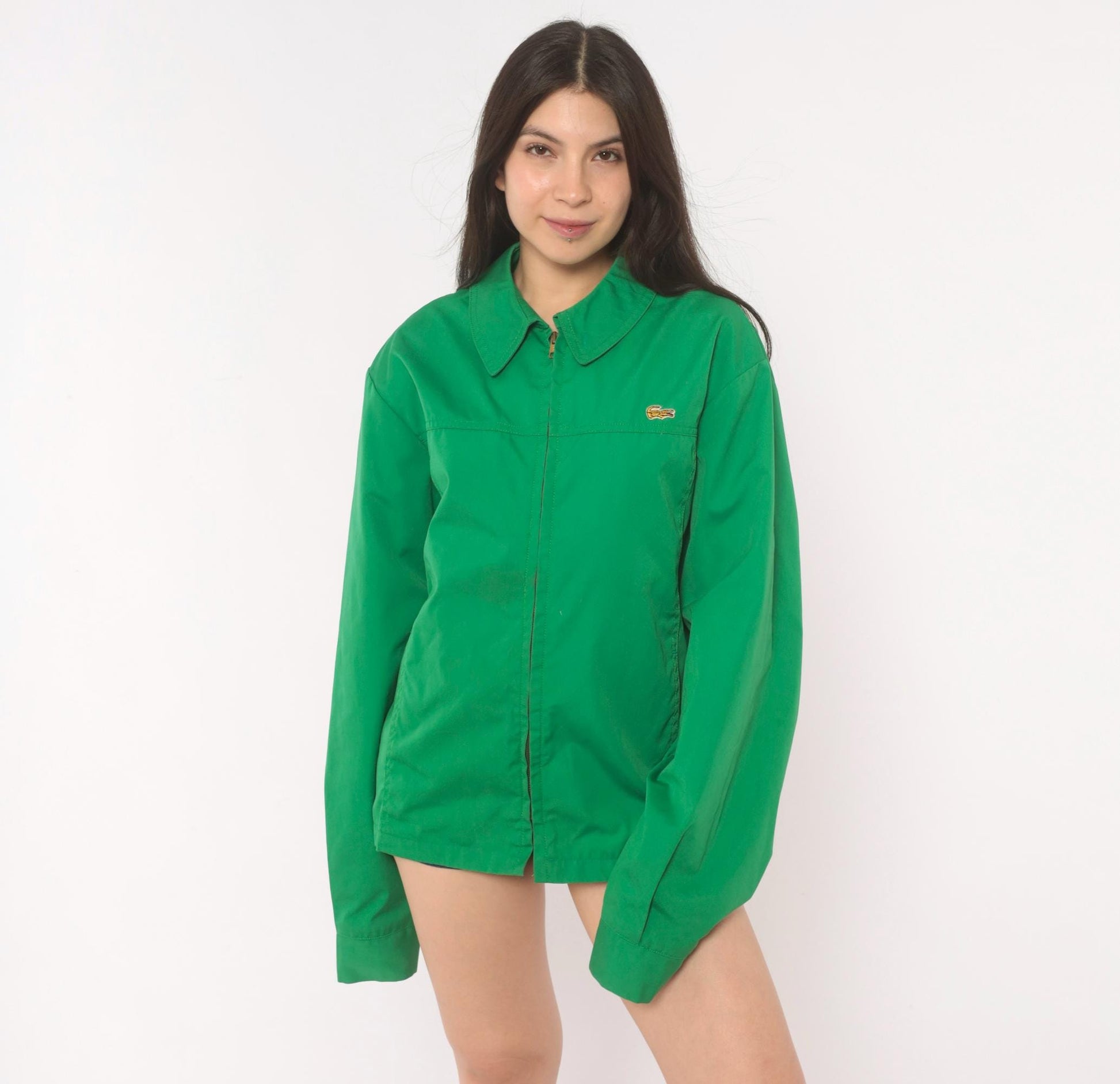 70s Alligator Green Zip Front Windbreaker Cotton Jacket Medium