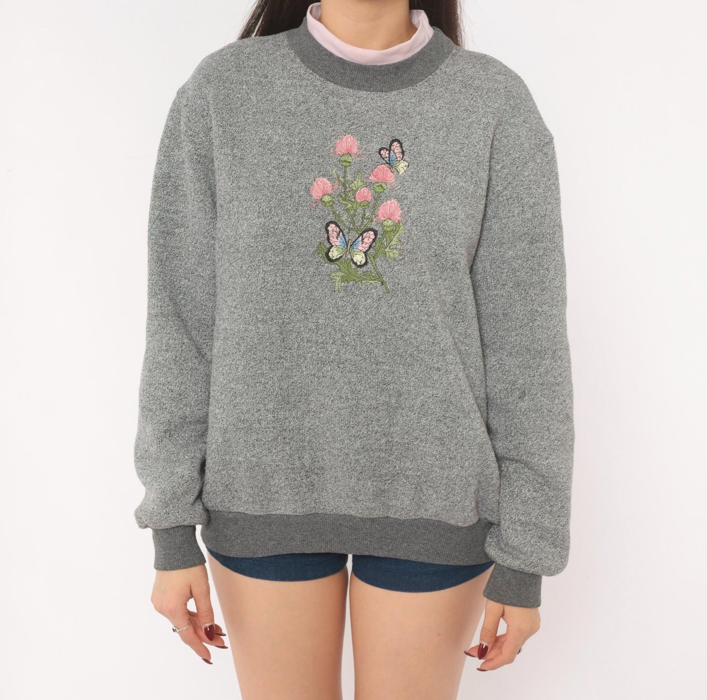 90s Bonworth Embroidered Butterfly Floral Sweatshirt Grey Crewneck Large L