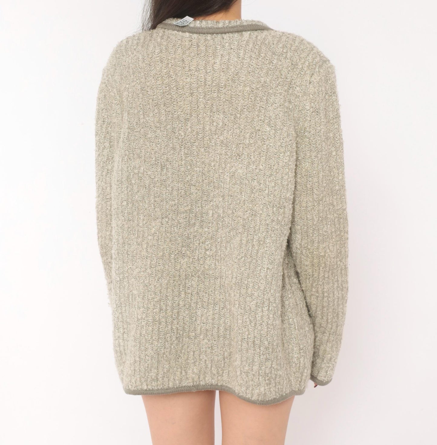 70s Harrington Square Bouclé Cardigan Grey Patch Pocket Knit Large L