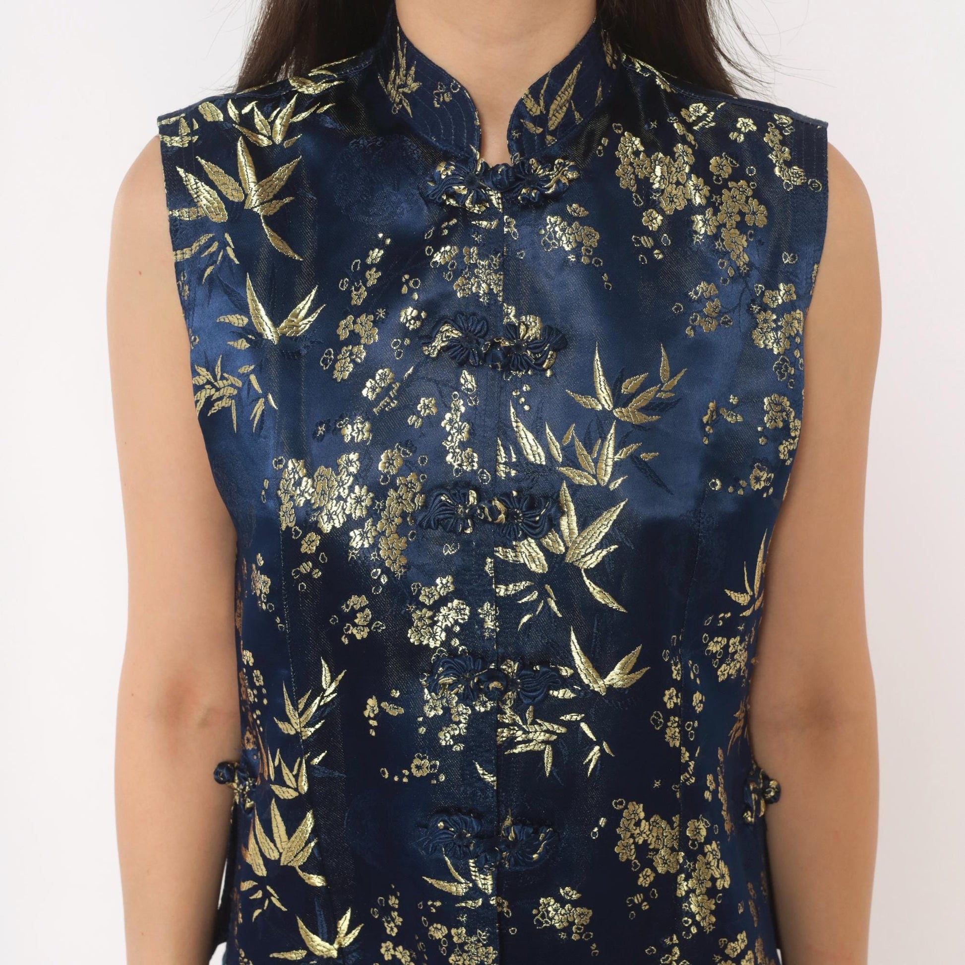 90s Navy Silk Cheongsam Vest Gold Bamboo Brocade Mandarin Collar Small S