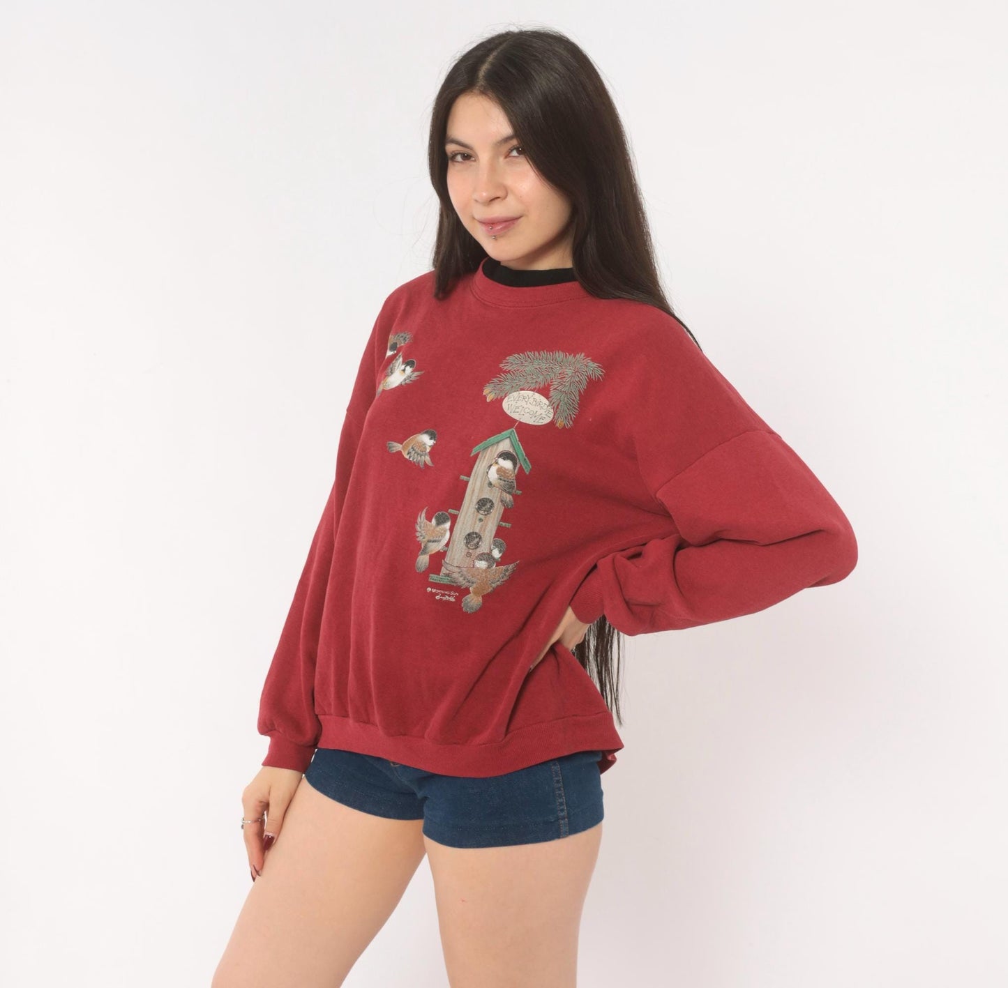 90s Morning Sun Burgundy Bird Birdhouse Crewneck Sweatshirt Cotton Large L
