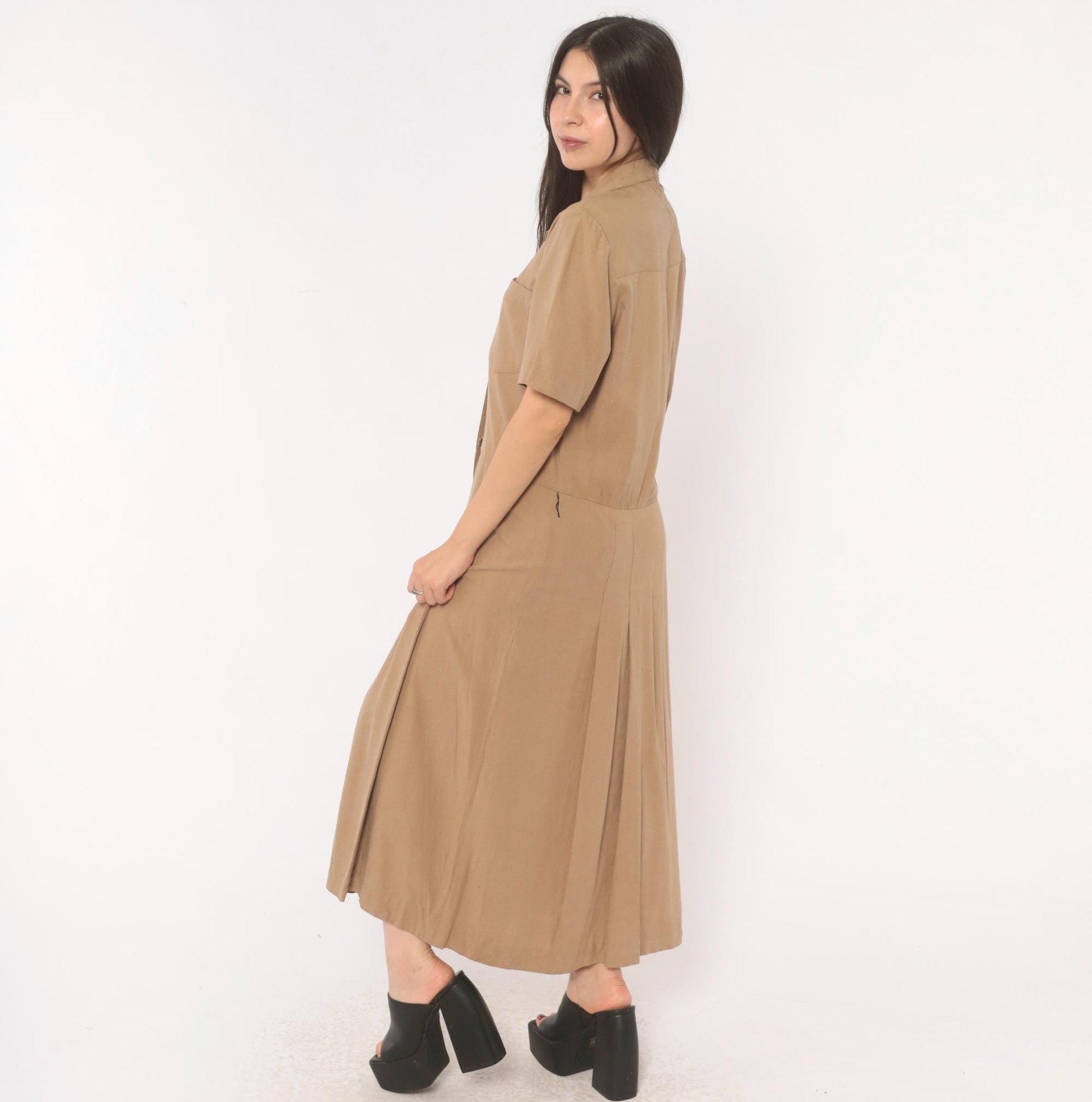 90s Liz Claiborne Silk Maxi Shirt Dress Tan Camp Collar Pleated Medium M