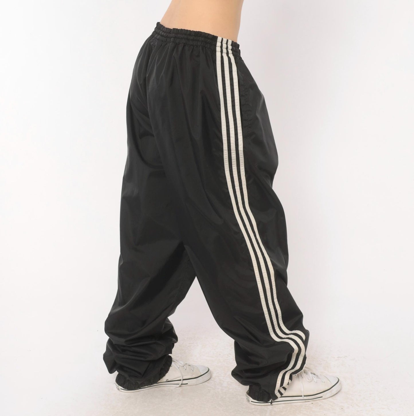 90s Adidas Track Pants Black White Three Stripe Nylon Trefoil Extra Large XL