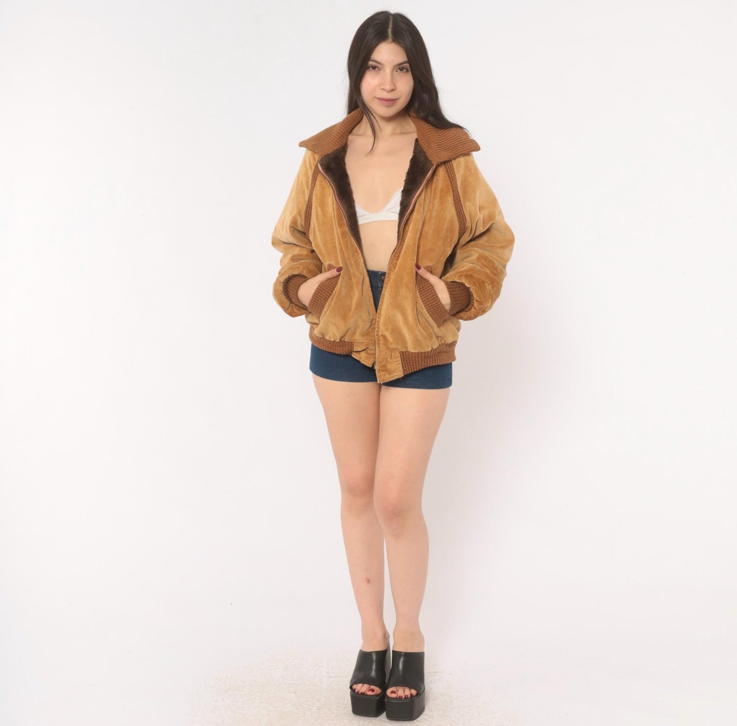 70s Corduroy Bomber Jacket Tan Raglan Knit Collar Zip Front Medium