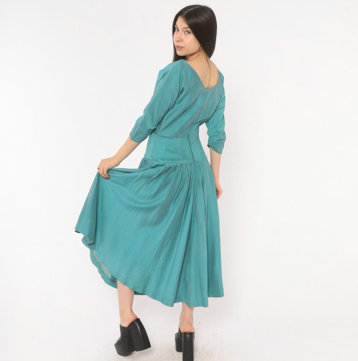 1940s Teal Dress V-Neck Three Quarter Sleeve Drop Waist Midi Small S