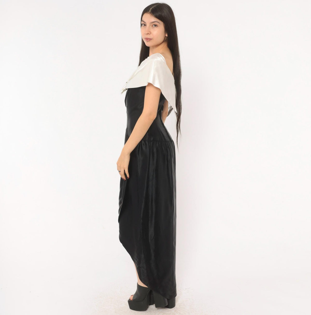 90s Black Satin Maxi Gown White Bow Off-Shoulder V-Neck Cap Sleeve Medium