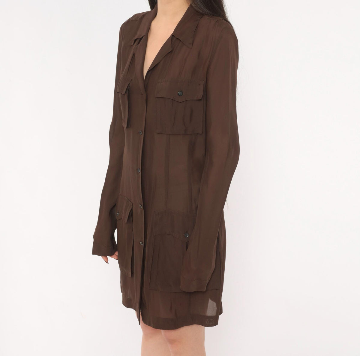 90s Dries Van Noten Silk Shirt Dress Brown Sheer Safari Utility Pocket Small