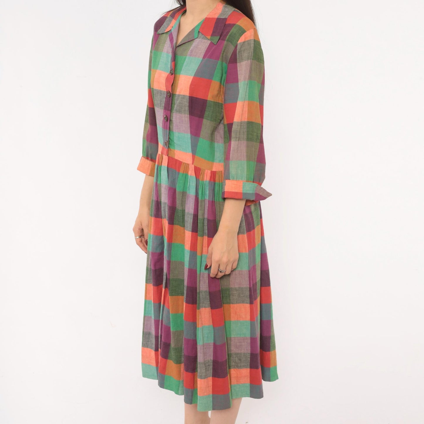 60s Multicolor Plaid Shirtdress Cotton Button Front Midi Purple Green Coral Large
