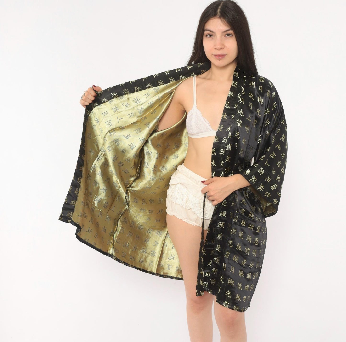 90s Chinese Calligraphy Kimono Robe Black Gold Wrap Tie Front Extra Large