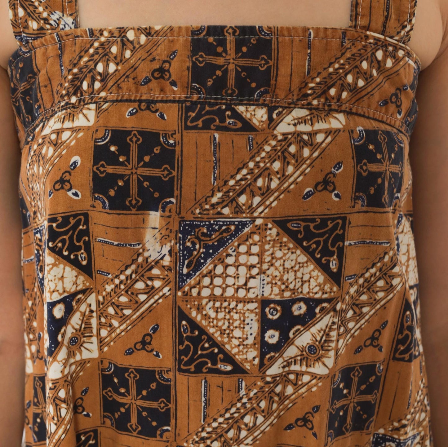 80s Batik Sundress Tan Navy Cotton Square Neck A-Line Knee Length Extra Small