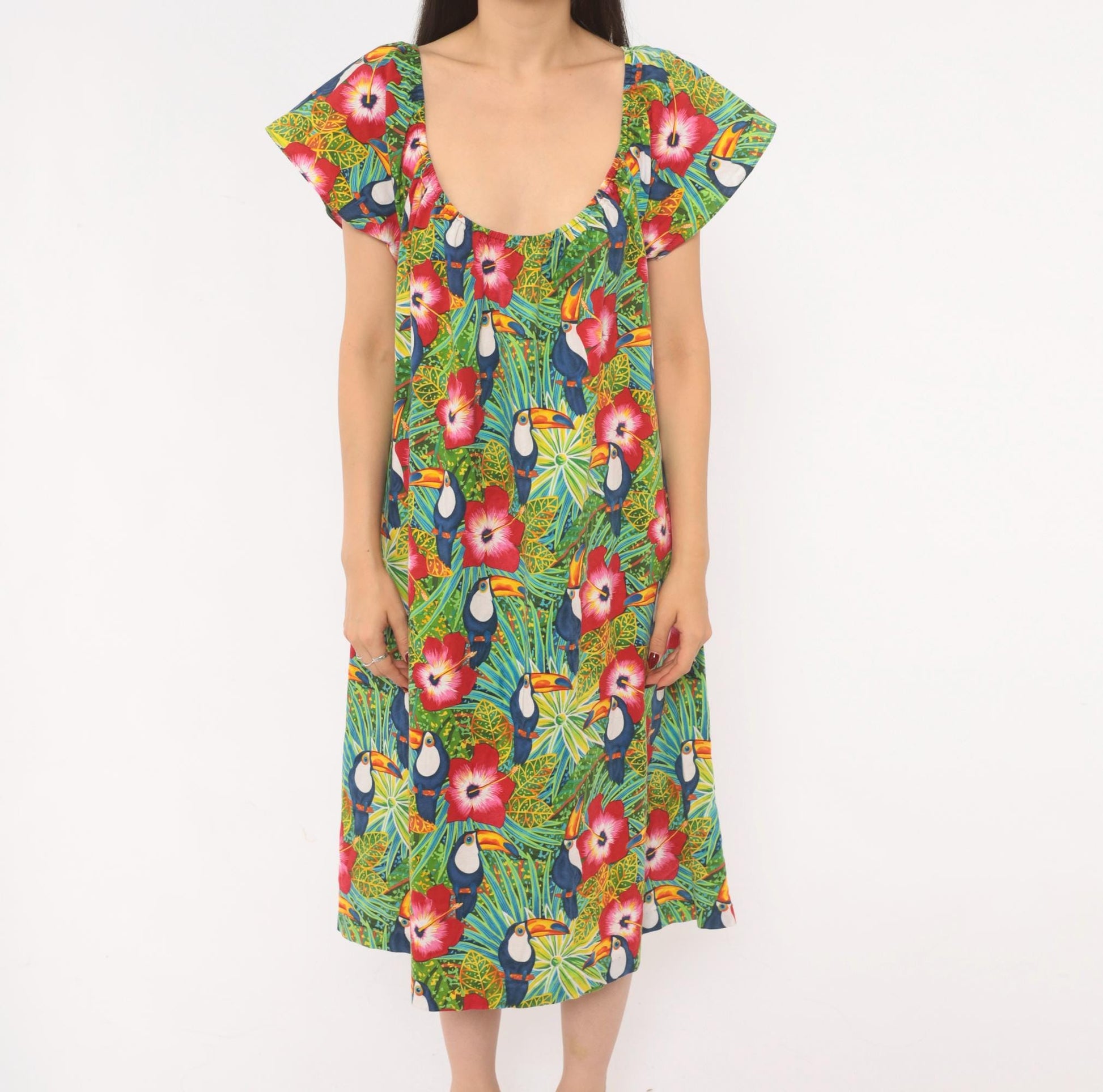 80s Seawind Toucan Hibiscus Midi Dress Flutter Sleeve Cotton Tropical Extra Large