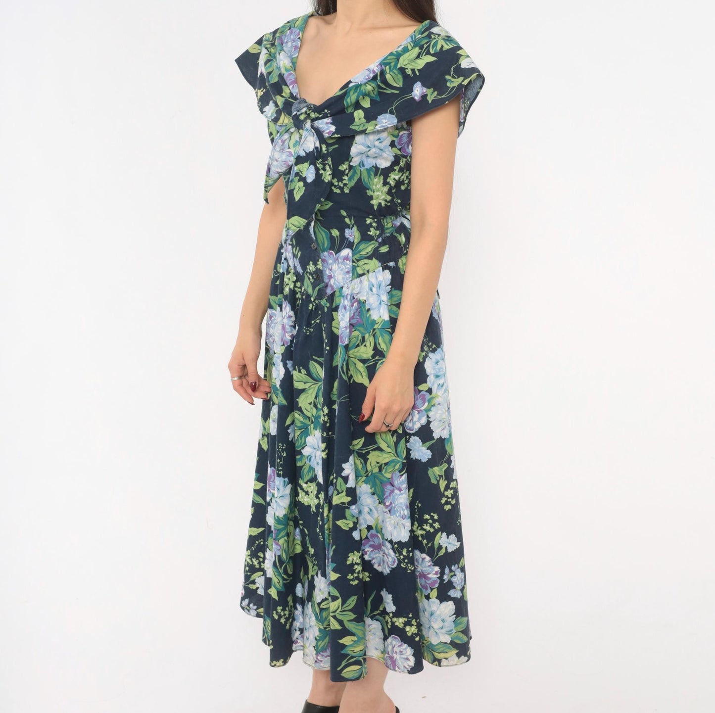 80s Jessica Howard Navy Floral Cotton Dress Sailor Collar Button Front Medium