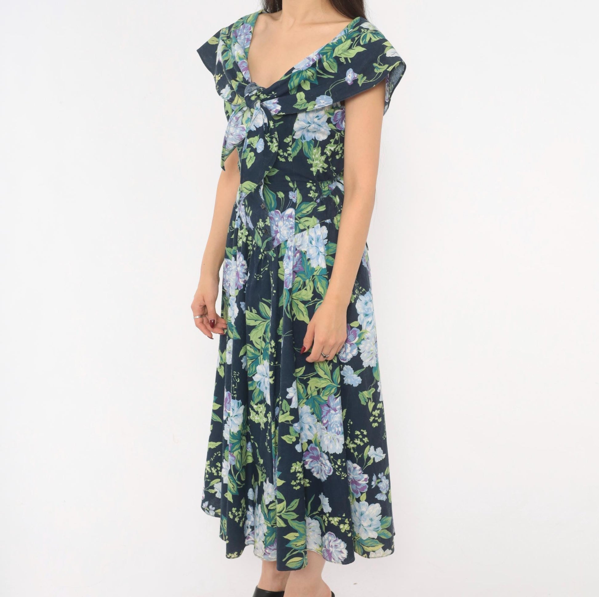 80s Jessica Howard Navy Floral Cotton Dress Sailor Collar Button Front Medium
