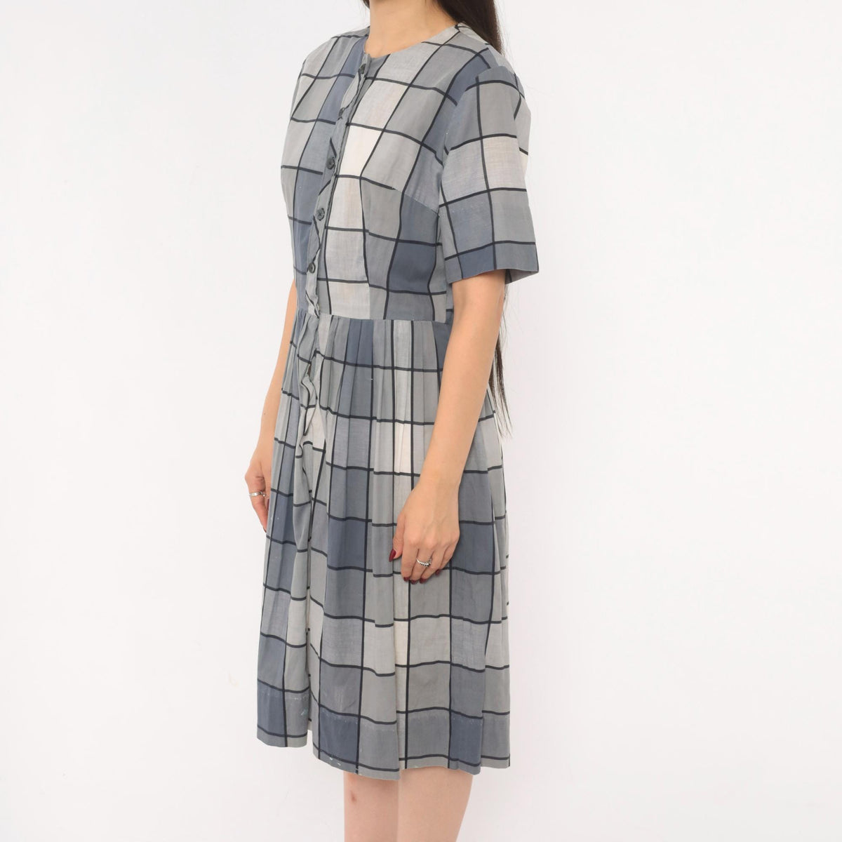80s Windowpane Plaid Cotton Midi Dress Grey Blue Button Front Medium