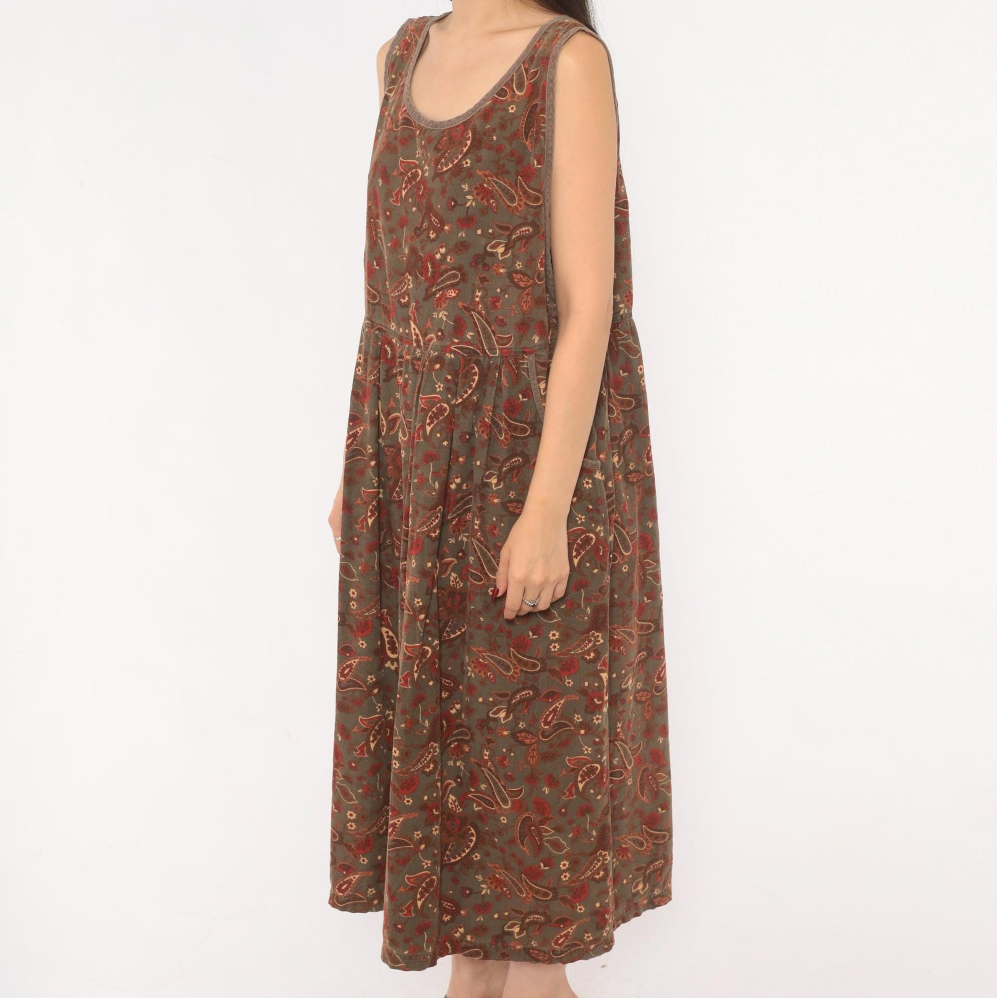 90s Erika Paisley Corduroy Jumper Dress Olive Maxi Pleated Skirt Extra Large XXL