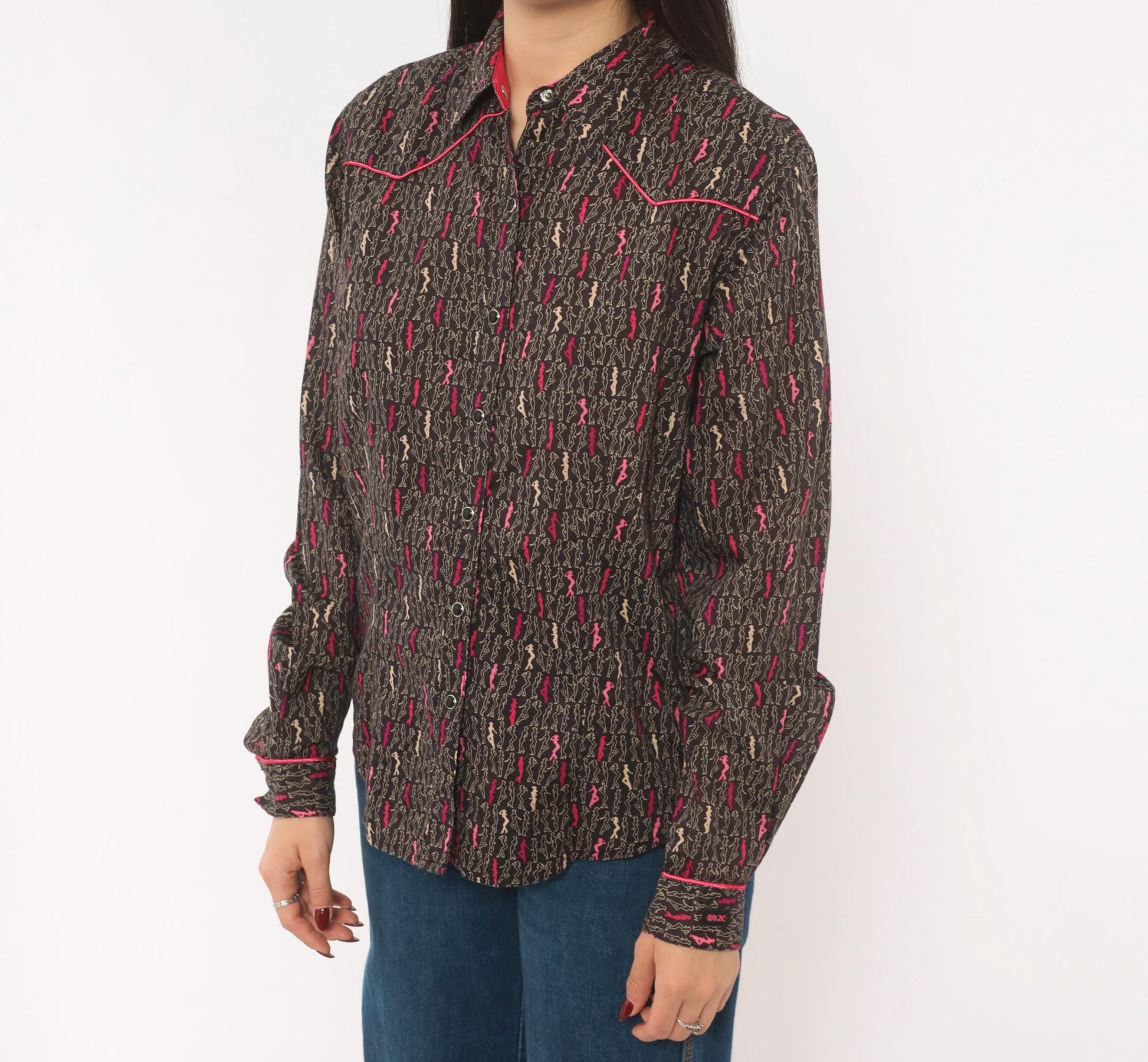 Y2K Ultra Twenty X Western Snap Shirt Cowgirl Print Grey Pink Cotton Medium M