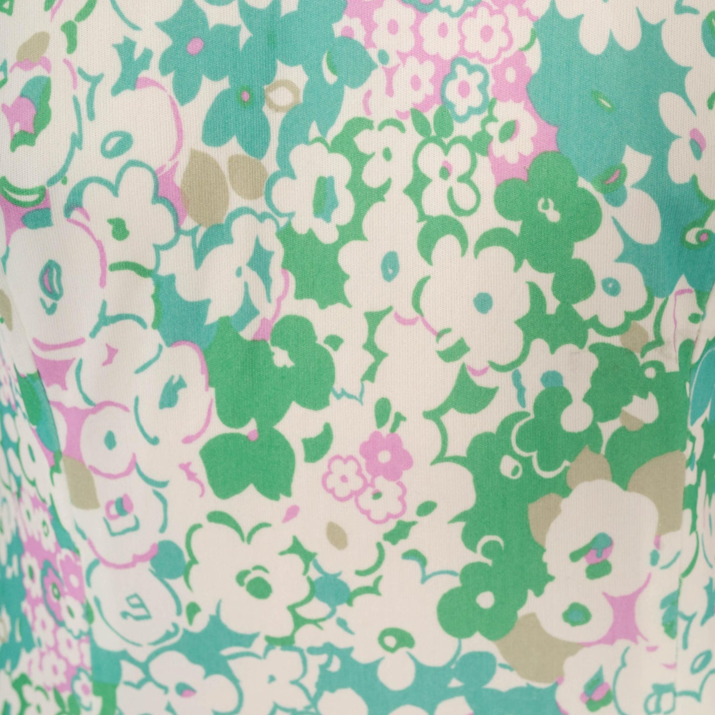 70s Psychedelic Floral A-Line Dress Green Pink White Scoop Collar Knee Medium