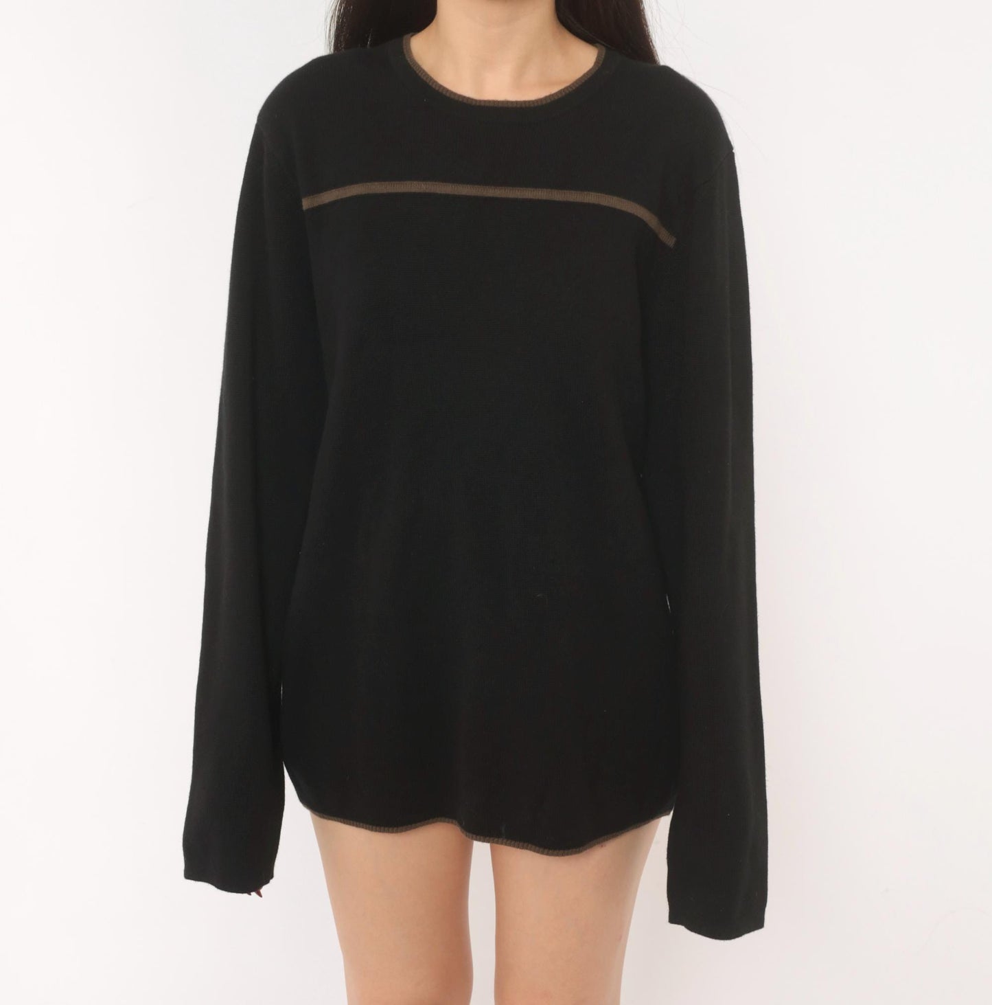 90s Reunion Black Knit Sweater Tan Stripe Crewneck Medium