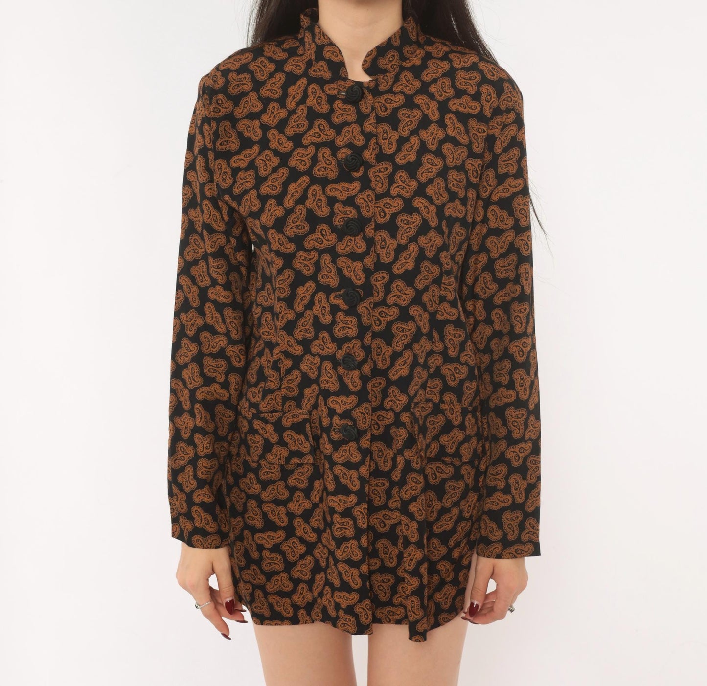90s Christine David Paisley Mandarin Collar Tunic Black Copper Small S