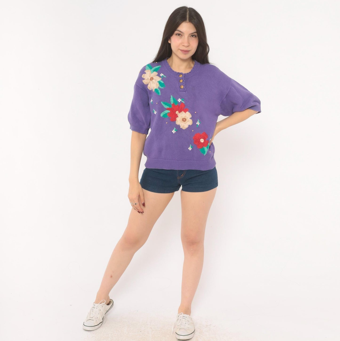 80s Koret Francisca Purple Floral Embroidered Henley Sweater Cotton Medium M