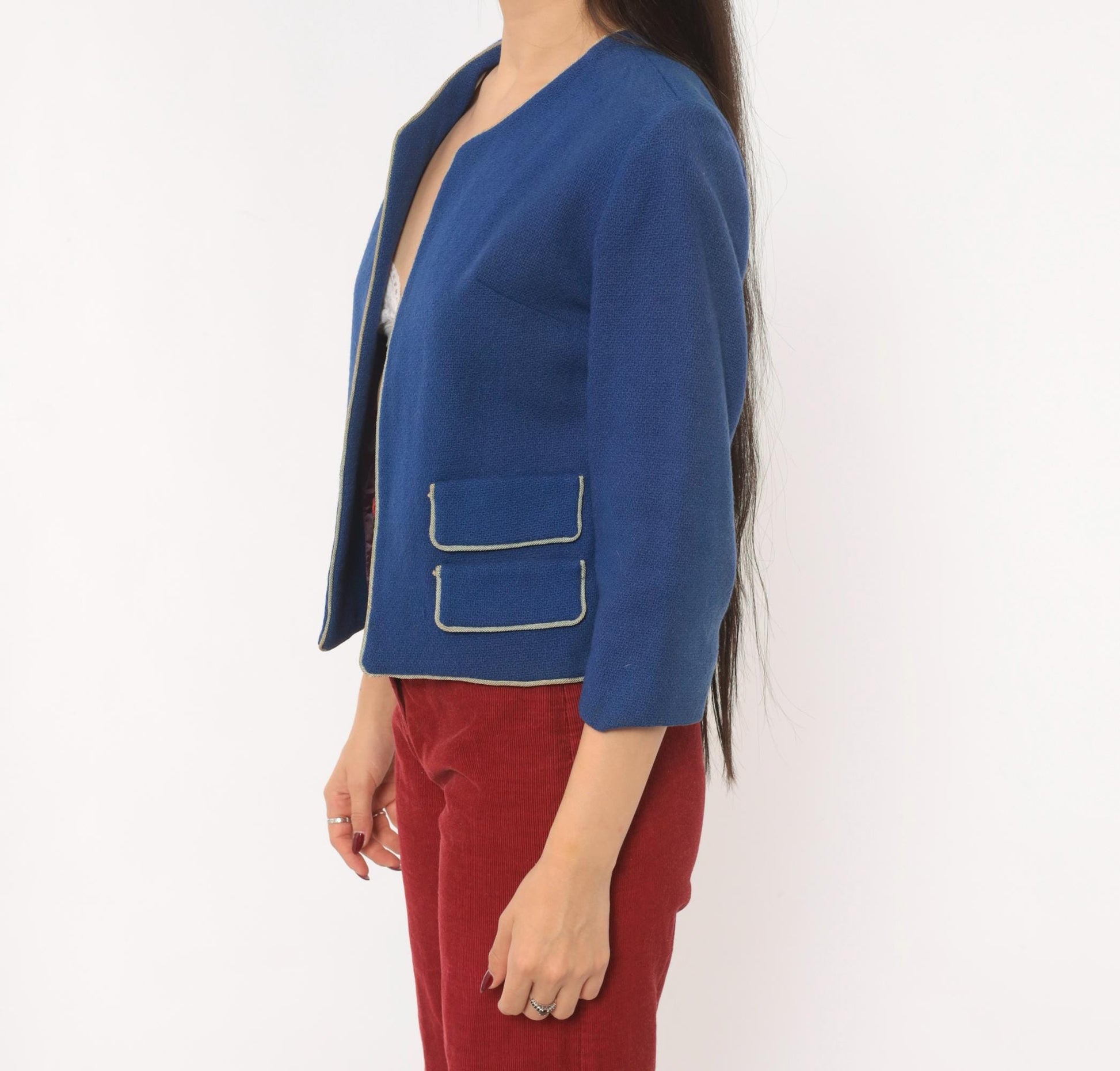 60s Cobalt Wool Blazer Cropped Jacket Cream Piping Three Quarter Sleeve Small S