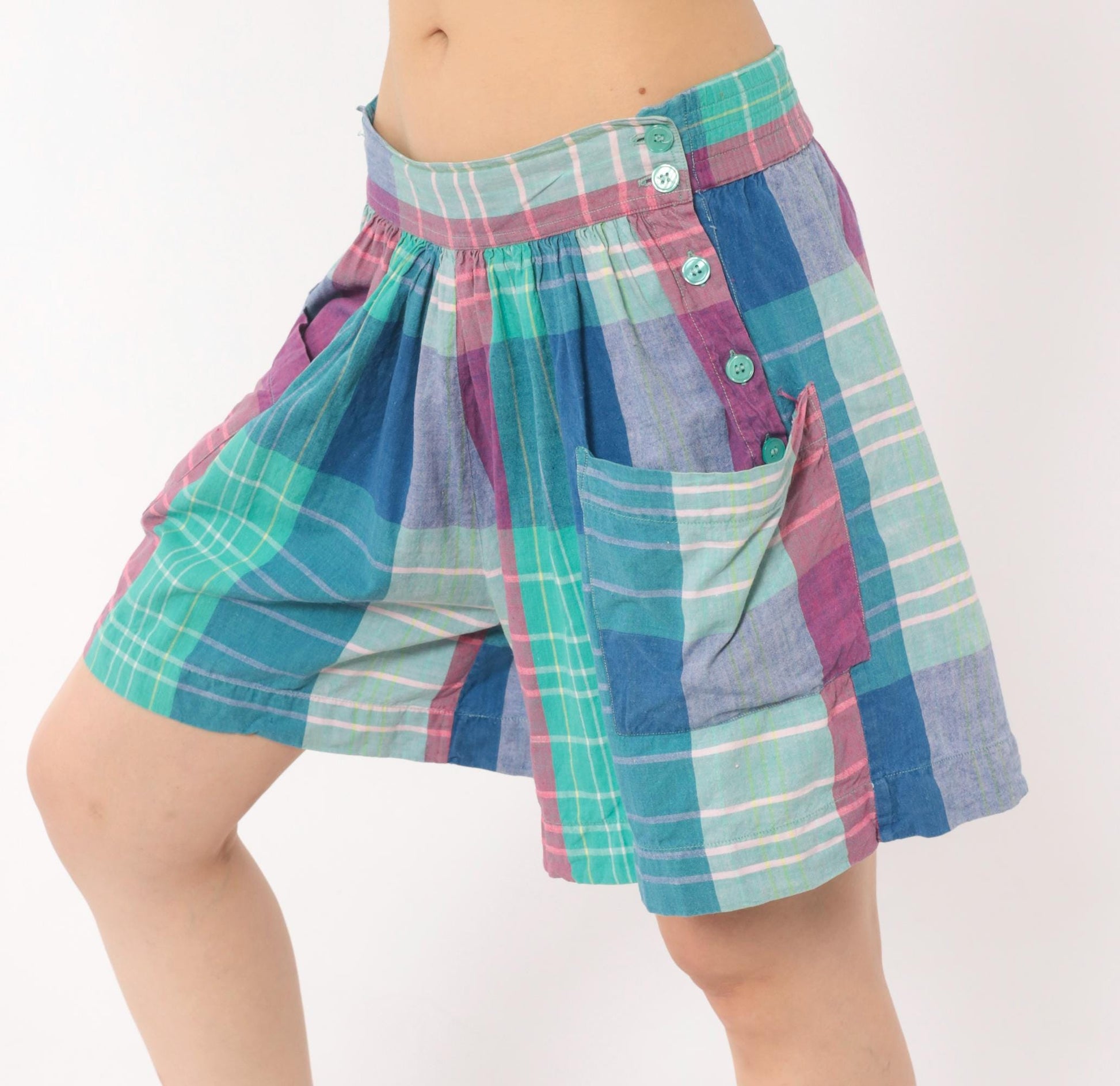 90s Technics Madras Plaid Shorts High Waisted Wide Leg Cotton Teal Pink Large L