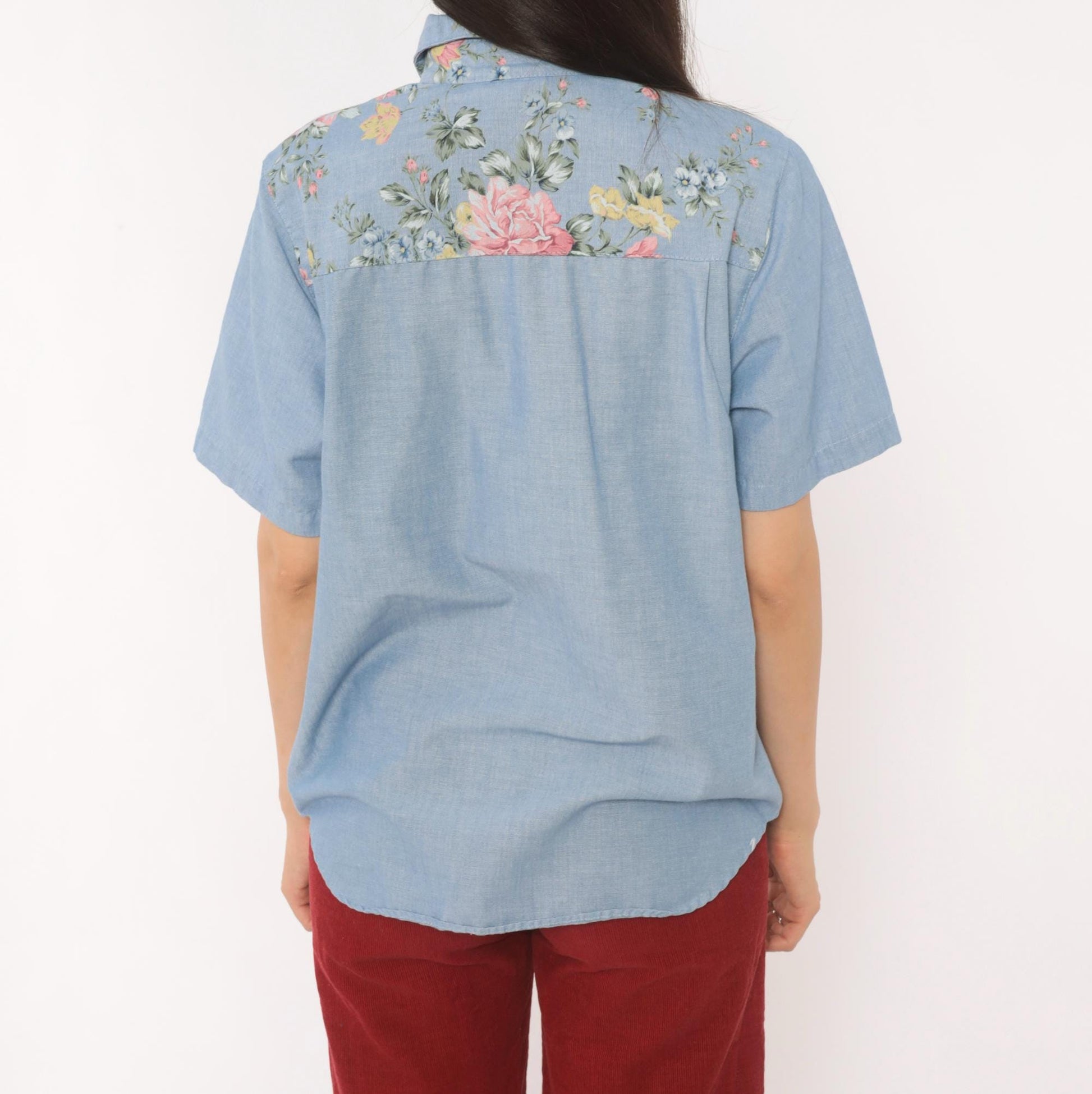 90s Alfred Dunner Floral Yoke Chambray Shirt Blue Button Front Medium