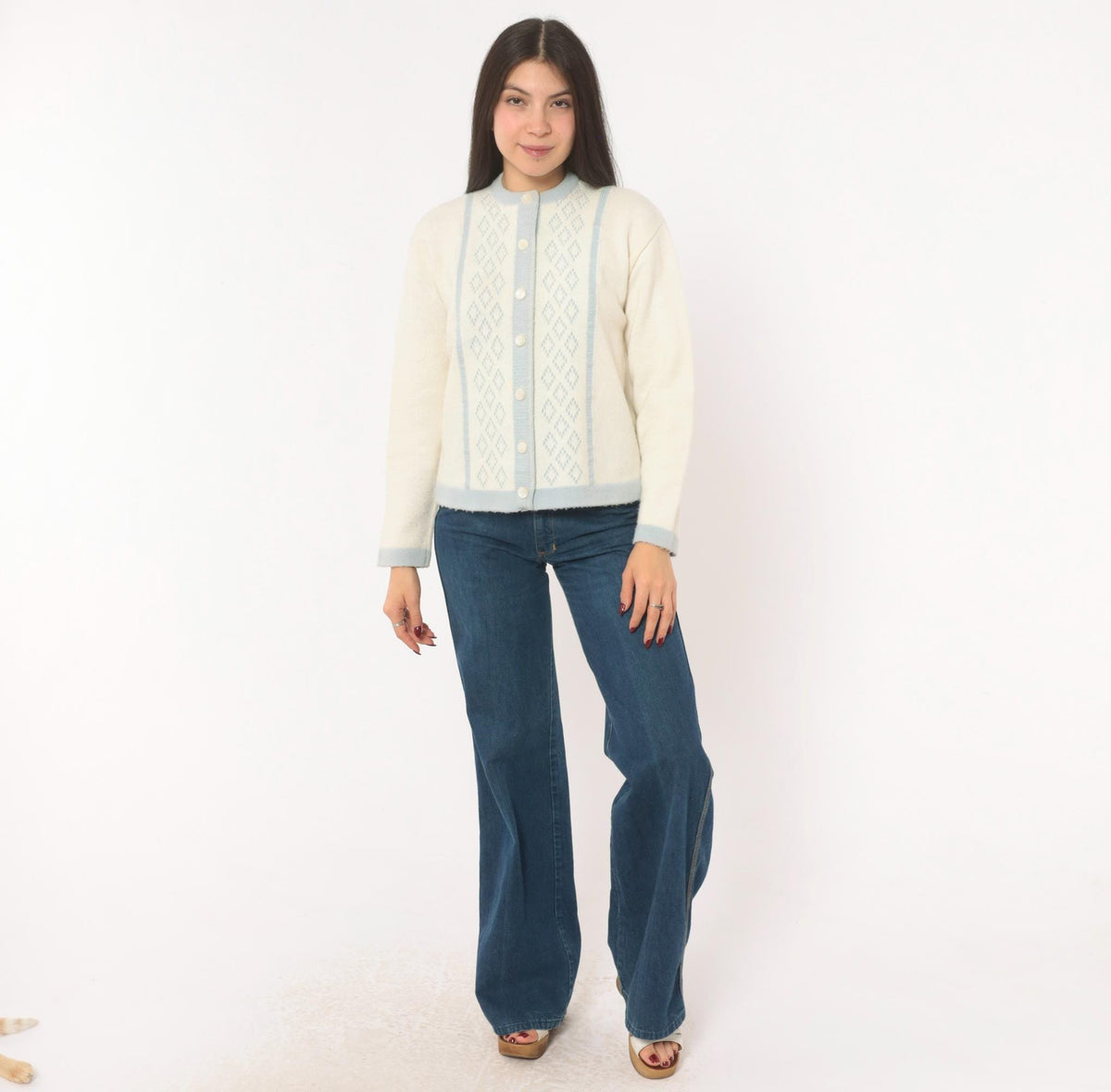 70s Mello Knit Cream Baby Blue Diamond Cardigan Button Front Medium