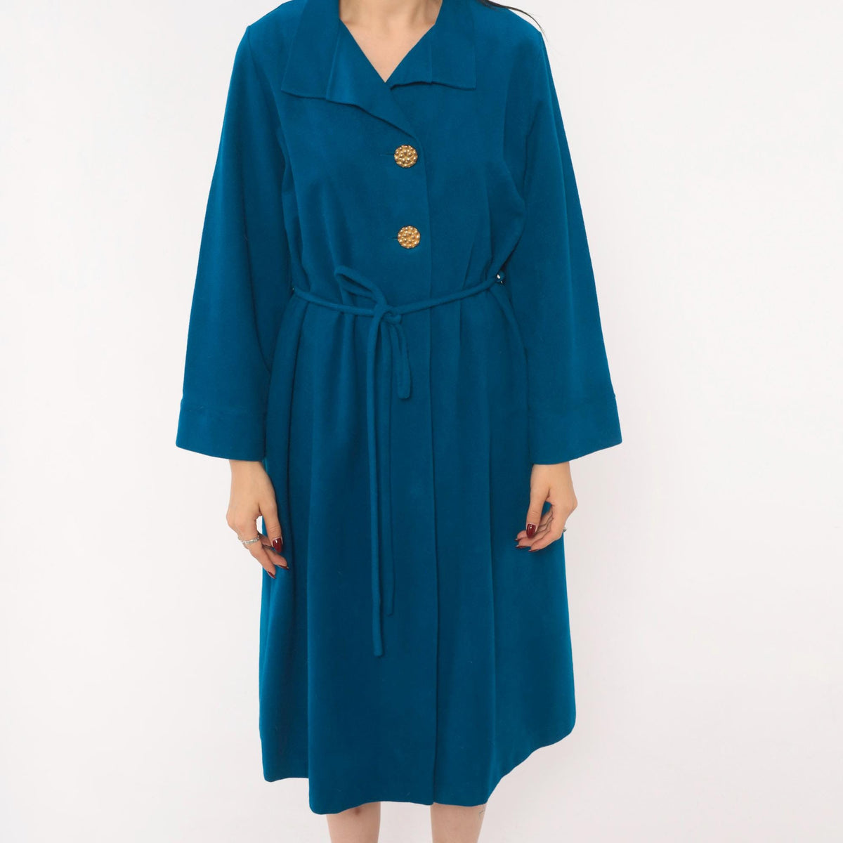 70s Vassarette Cobalt Belted Wrap Coat Knee Length Gold Buttons Medium