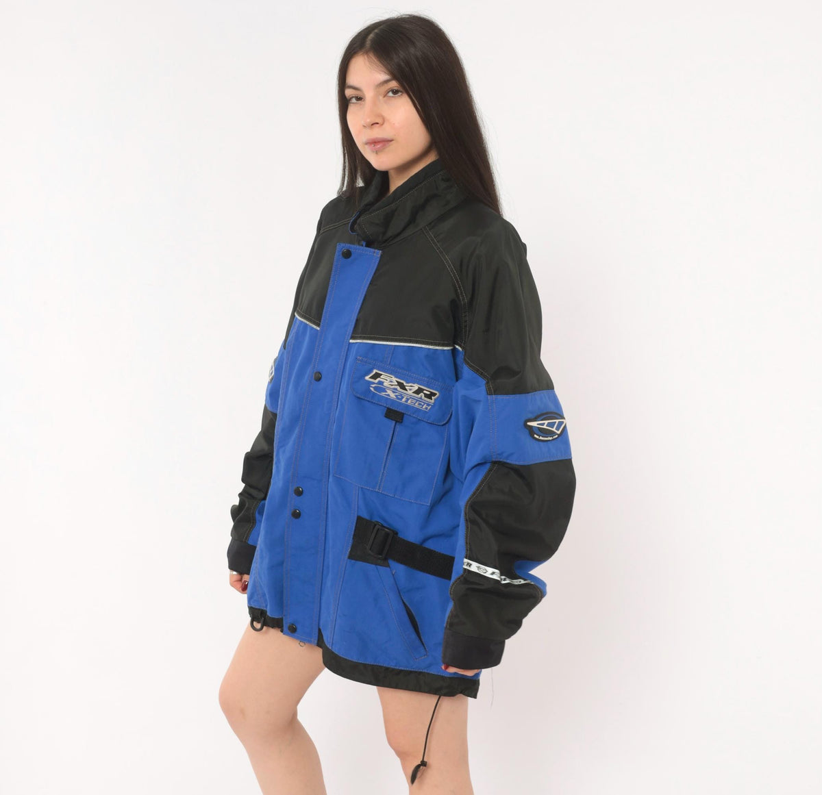 90s FXR X-Tech Snowmobile Jacket Blue Black Color Block Nylon Shell Extra Large XL