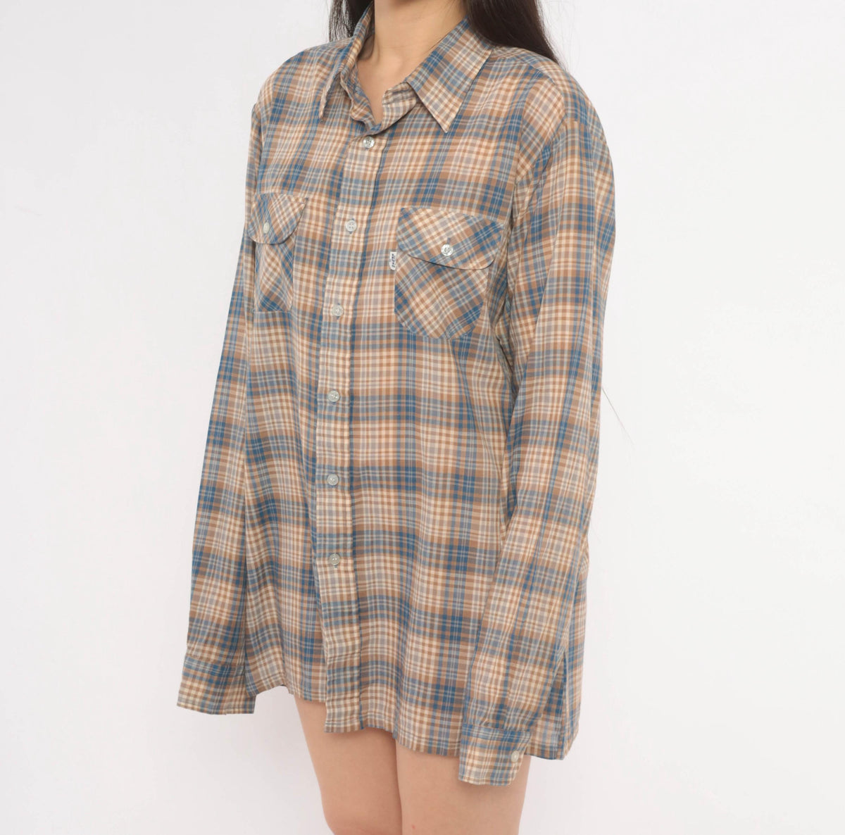80s Levis Wildfire Plaid Button-Up Shirt Blue Tan Check Mens Medium
