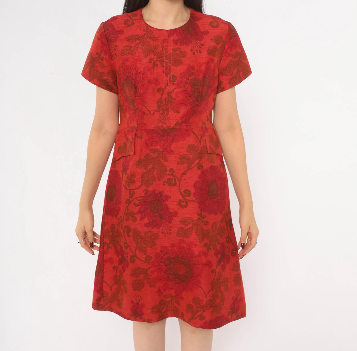60s Lisa Carlton Red Silk Jacquard Floral A-Line Dress Knee Length Small S