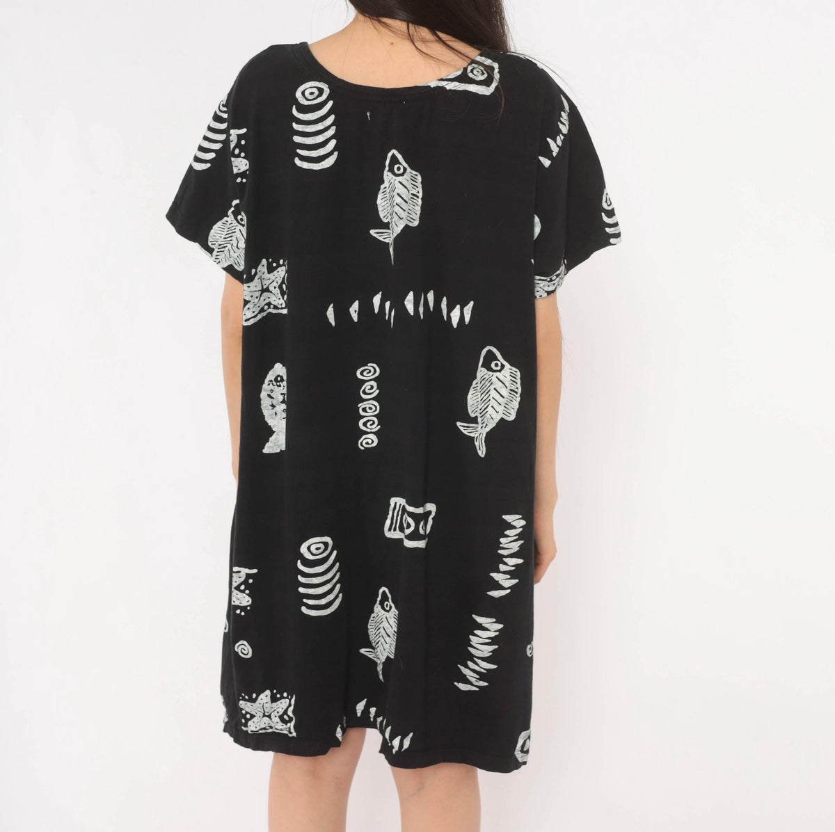 Y2K Fish Print Shift Dress Black White Cotton Marine Graphic Medium Large