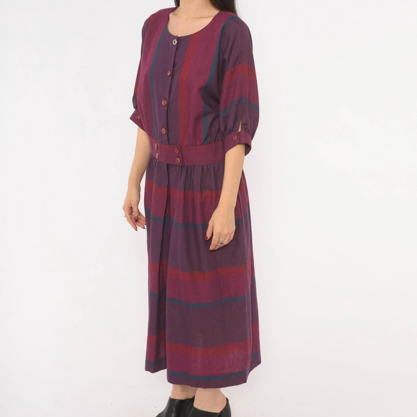 80s David Warren Plaid Midi Dress Purple Burgundy Puff Sleeve Cotton Large L