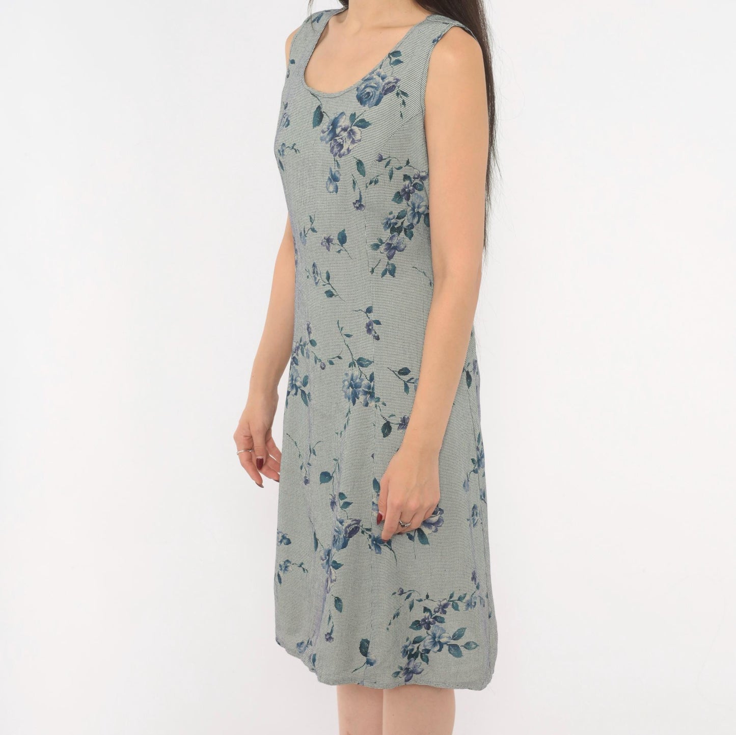 90s Floral Gingham Sundress Blue Rose Print Knee Length A-Line Medium M