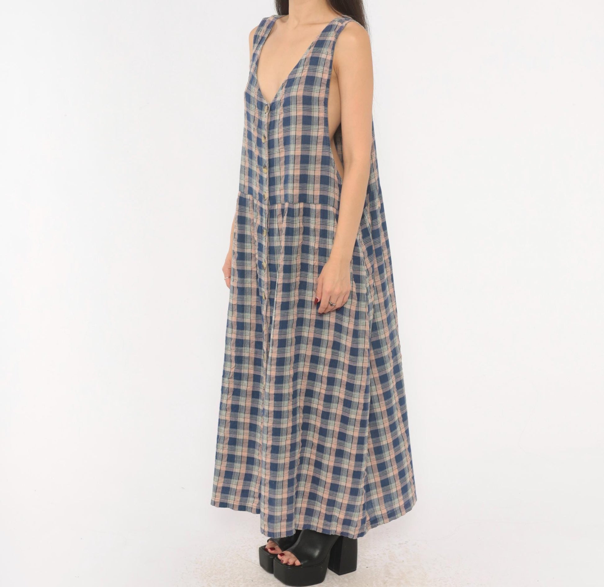 90s Lauren Brooke Plus Plaid Maxi Dress Button Front Cotton Blue Pink 1X