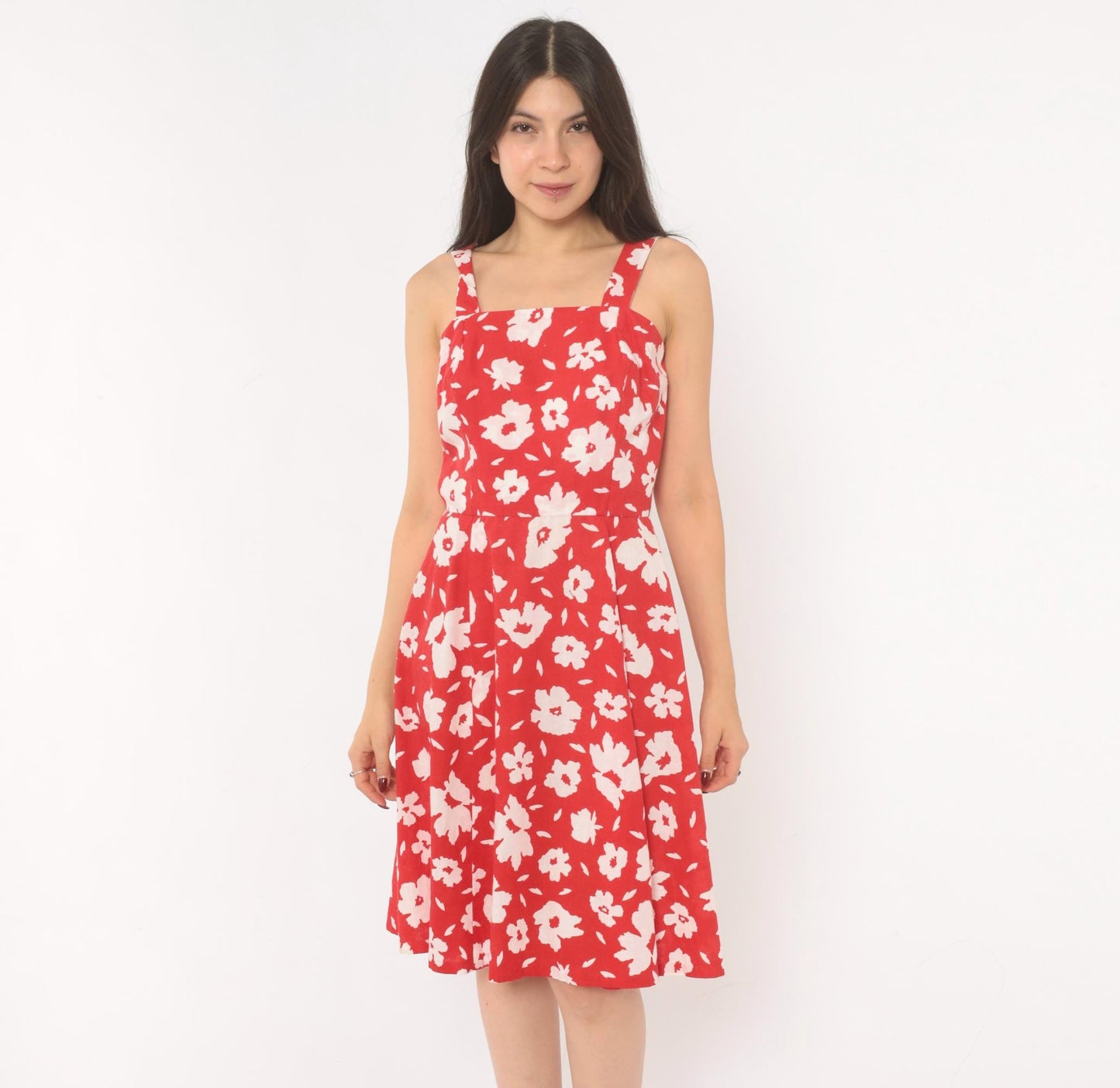 80s Red Floral Cotton Sundress White Square Neck A-Line Knee Length Extra Small XS