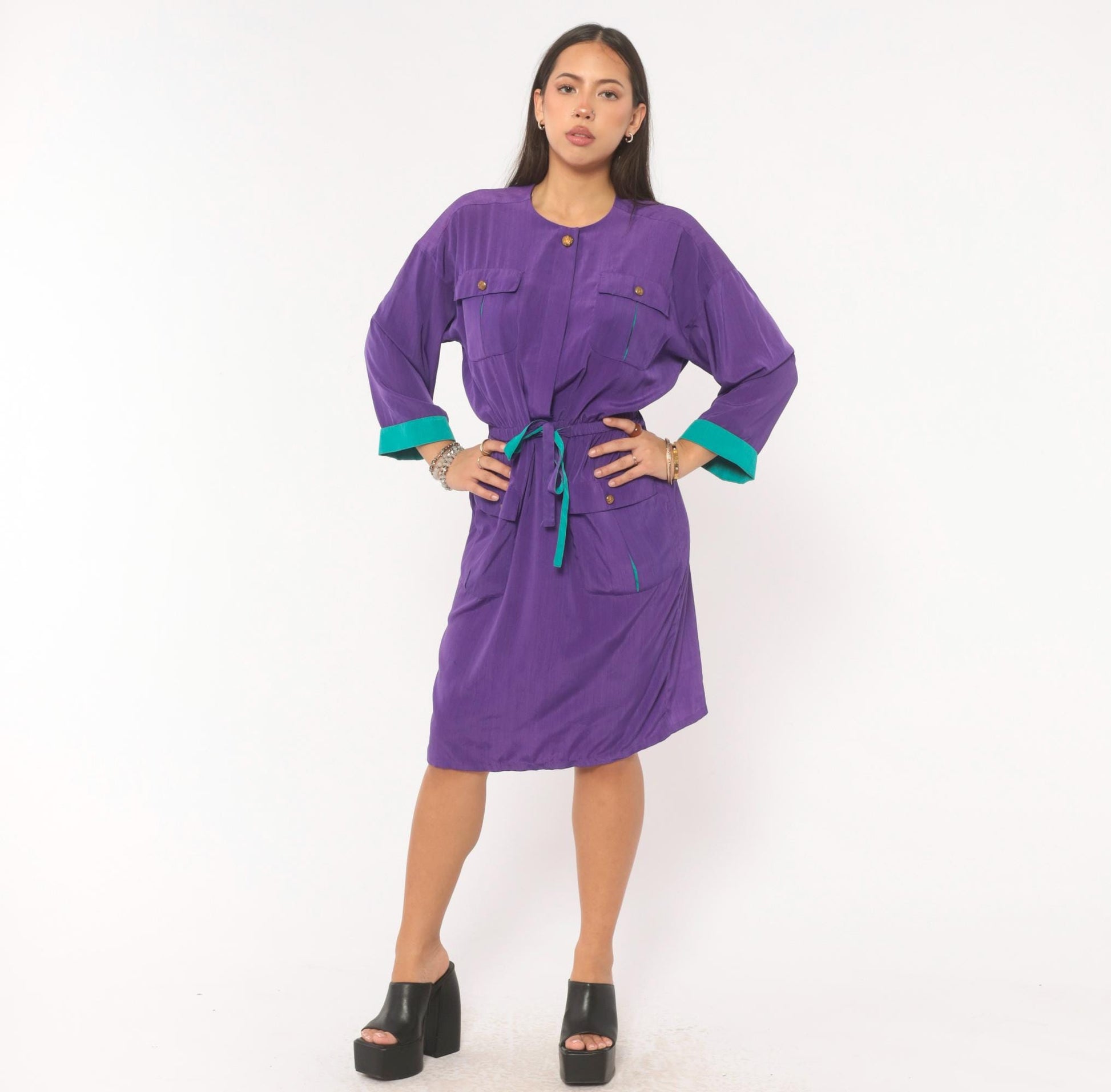 80s Leslie Fay Purple Safari Dress Knee-Length Utility Pockets Teal Trim Medium