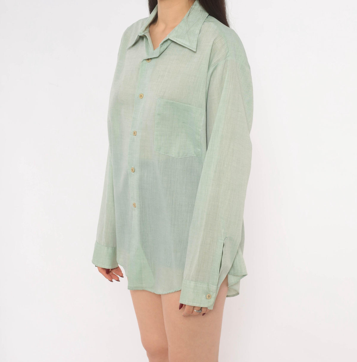 70s Sage Green Button-Up Shirt Camp Collar Semi-Sheer Cotton Long Sleeve XXL