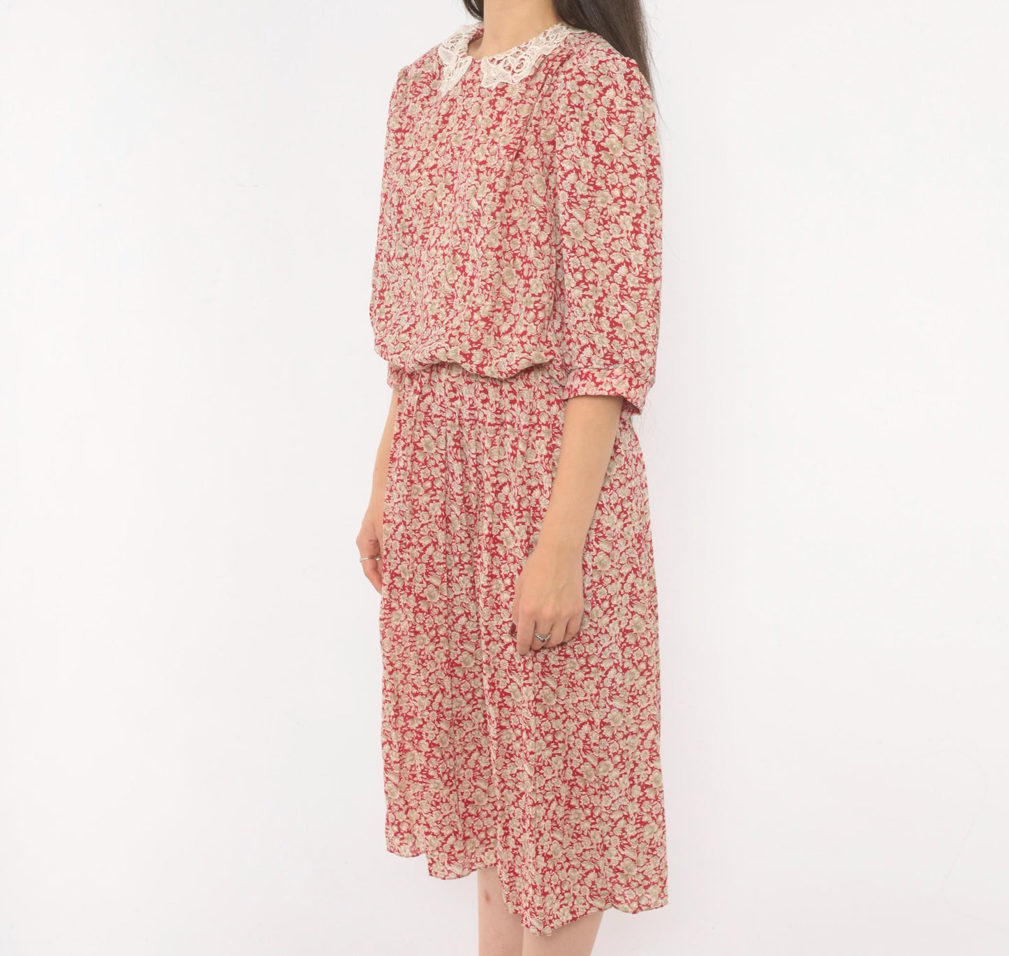 90s Breli Originals Floral Midi Dress Red Cream Lace Collar Puff Sleeve Medium Large