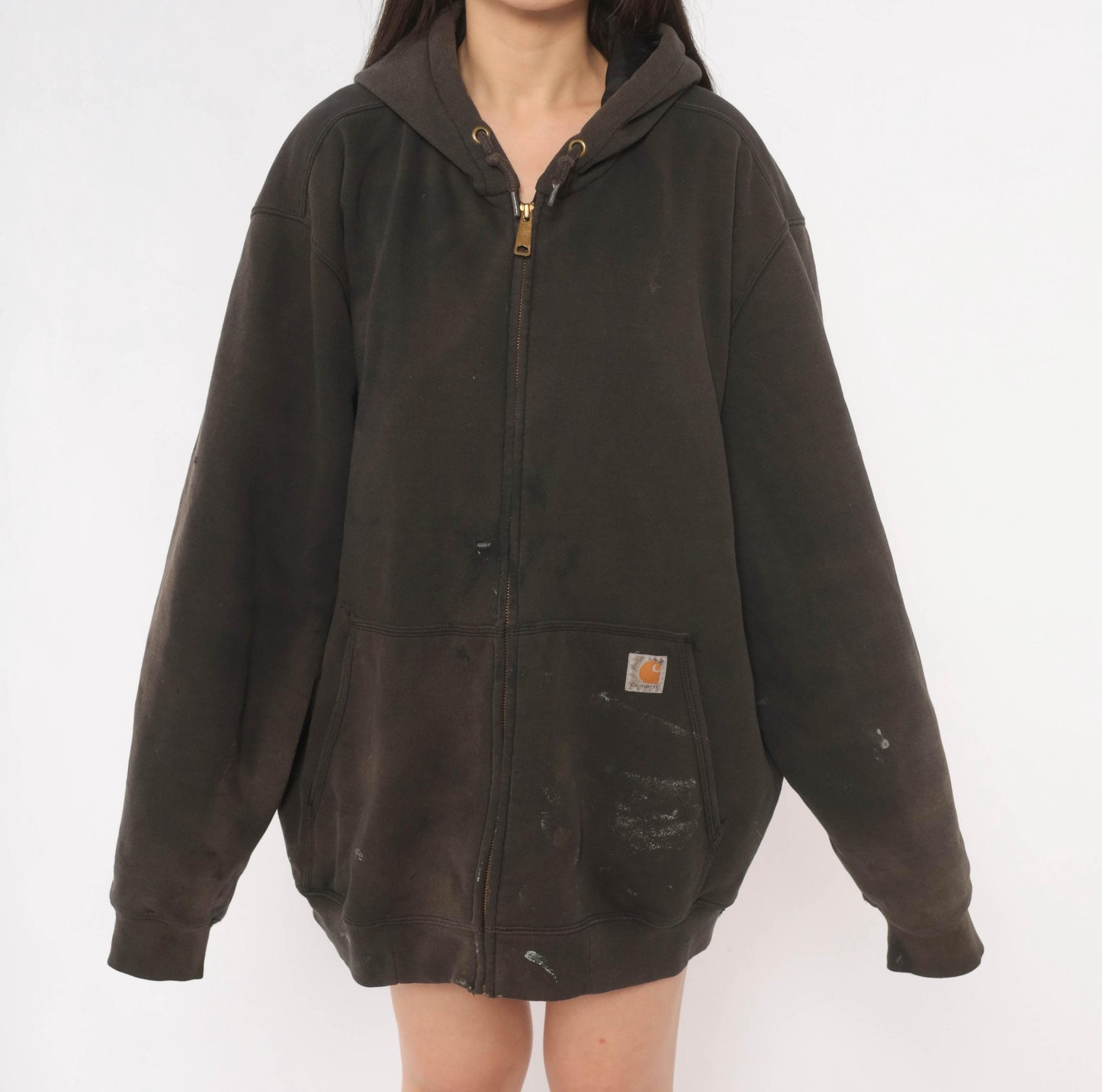 Y2K Carhartt Full Zip Hooded Sweatshirt Dark Brown Distressed XL