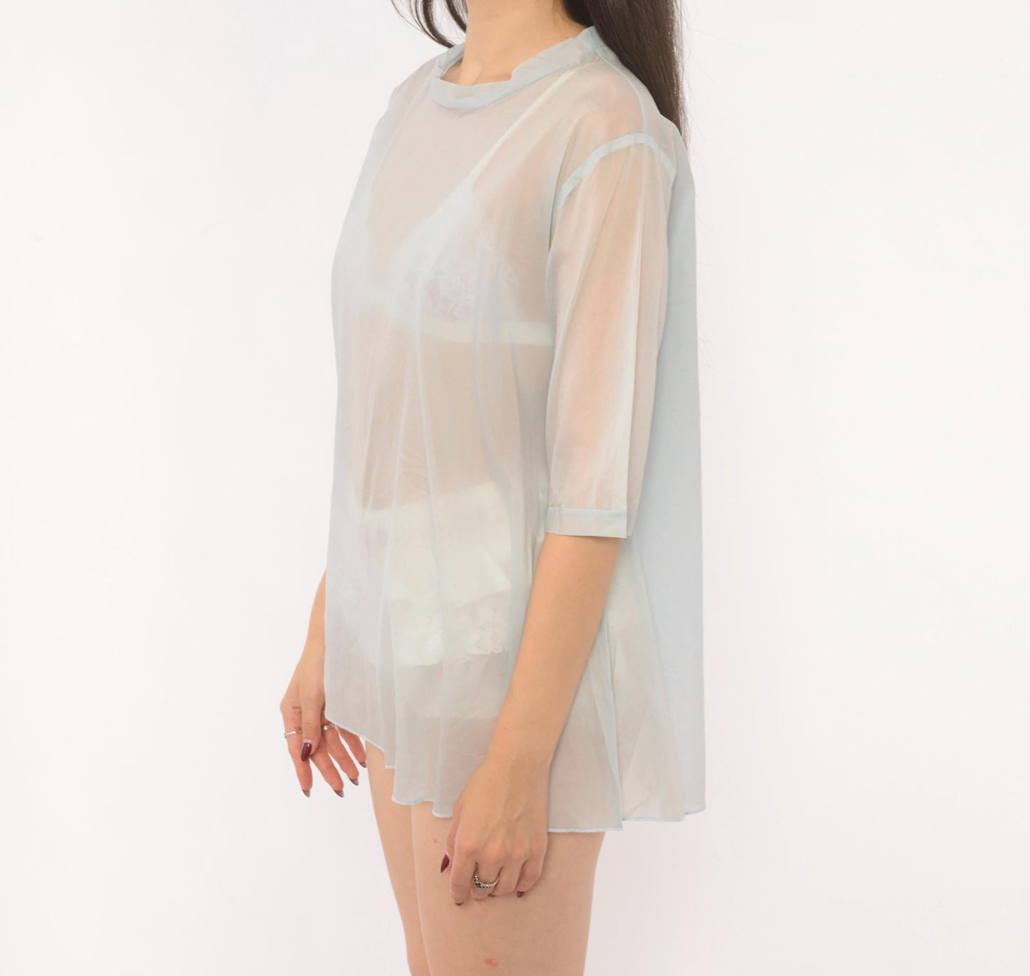 90s Baby Blue Sheer Organza Blouse Half Sleeve Crew Neck Medium M