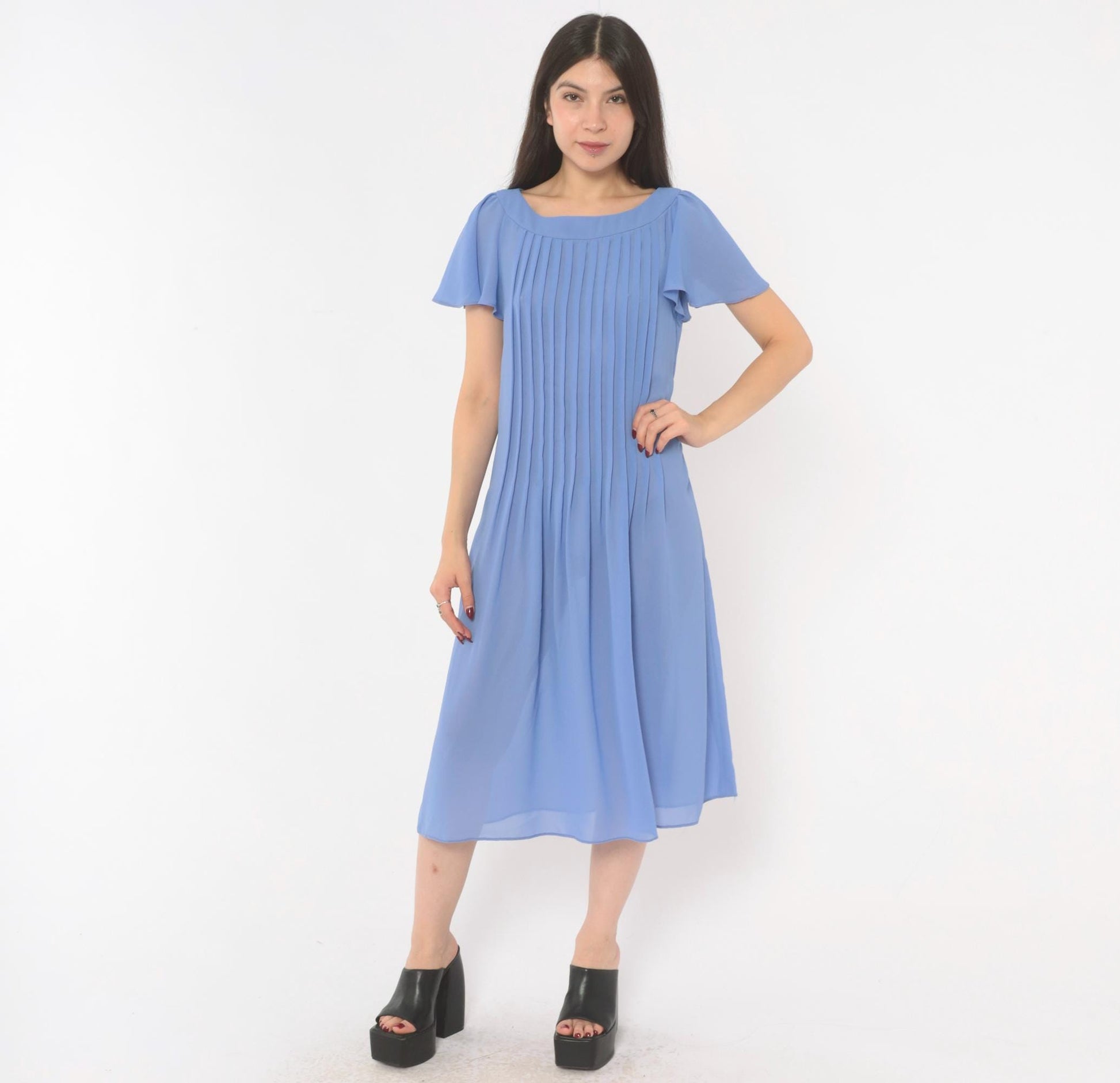 80s David Morris Periwinkle Pintuck Midi Dress Flutter Sleeve Small