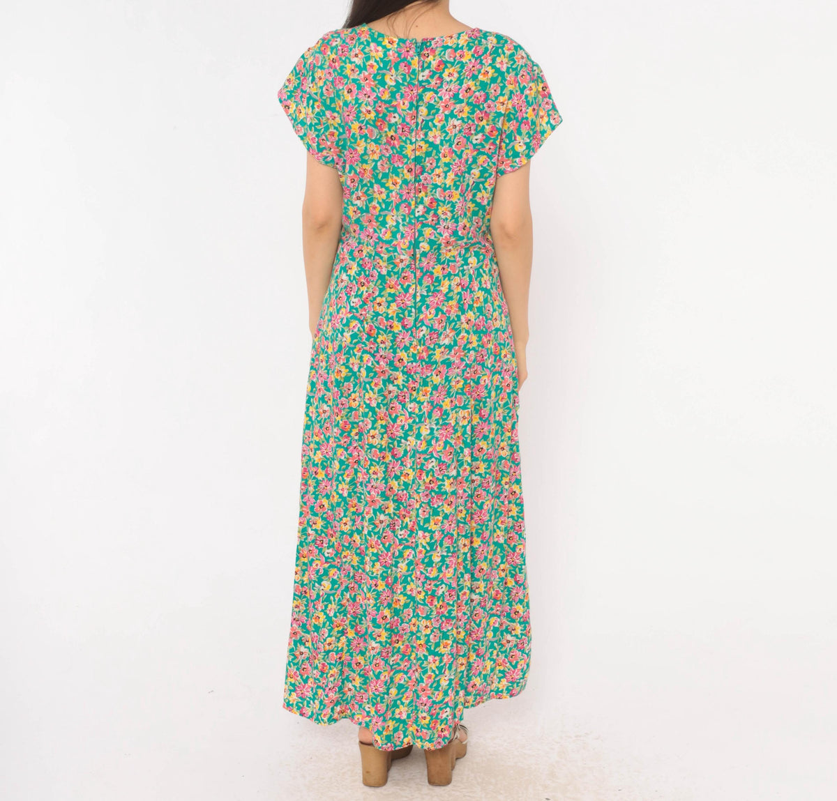 90s Hang Ten Floral Maxi Dress Green Pink Yellow V-Neck Wrap Bodice Large L