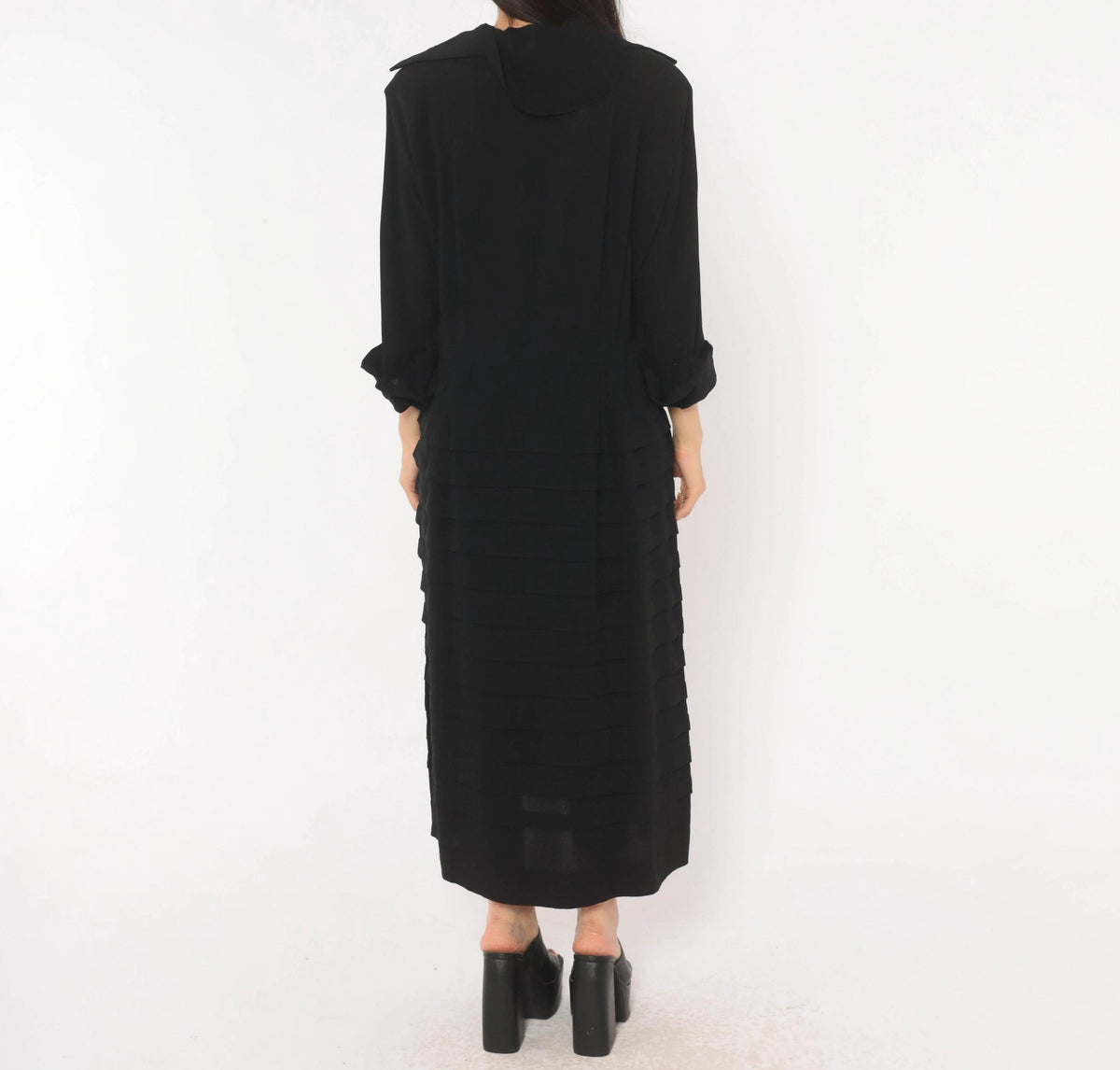 1940s Black Velvet Maxi Dress Scalloped Neckline Tiered Skirt Extra Large XL