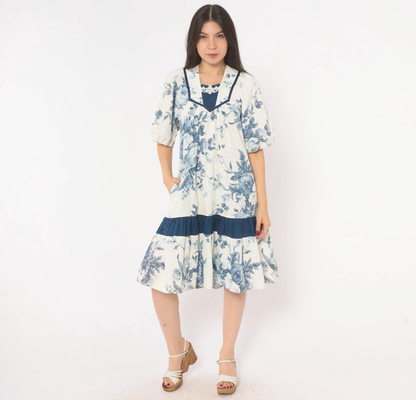 80s Liberty House Blue Floral Toile Cotton Dress V-Neck Puff Sleeve Extra Small XS